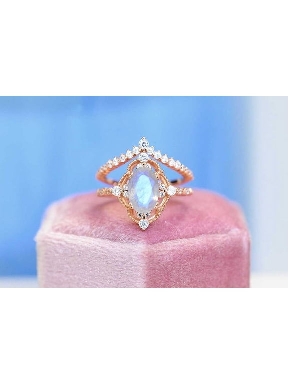 Natural Moonstone Ring Set, 2Ct Oval Cut Moonstone Vintage Ring Set, Rose Gold Ring Unique Curved Ring, Size 9