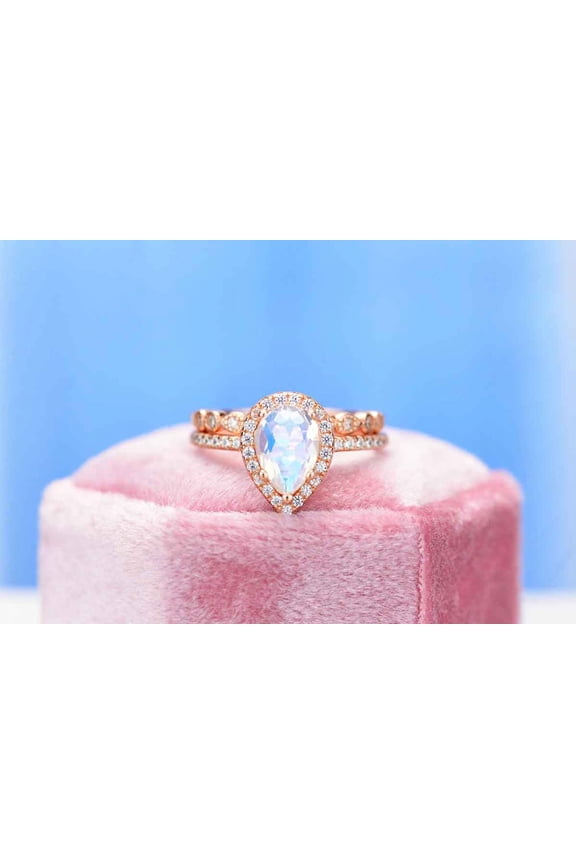 Natural Moonstone Ring Set, 2Ct Pear Cut Moonstone Halo Ring Set, Rose Gold Ring Unique Curved Vintage Ring, Size 6