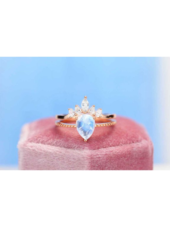 Natural Moonstone Ring Set, 2Ct Pear Cut Moonstone Ring Set, Rose Gold Ring Unique Curved Marquise Cut Ring, Size 5
