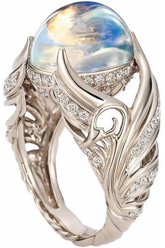 Natural Moonstone Ring for Women 925 Sterling Silver Ring Angel Wings Wedding Band Charming Diamond Engagement Promise Rings Size 6-10