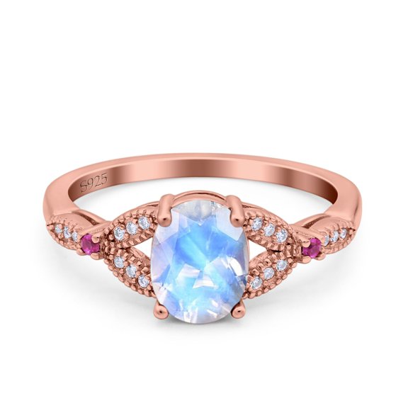 Natural Moonstone Rose Tone Silver Size-6 Art Deco Oval Vintage Style Split Shank Leaf Design Beaded Aquamarine CZ Wedding Engagement Ring 925 Sterling Silver