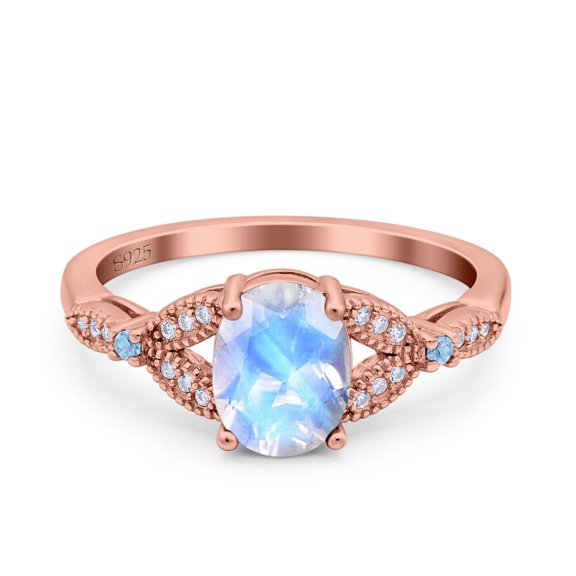 Natural Moonstone Rose Tone Silver Size-6 Art Deco Oval Vintage Style Split Shank Leaf Design Beaded Aquamarine CZ Wedding Engagement Ring 925 Sterling Silver
