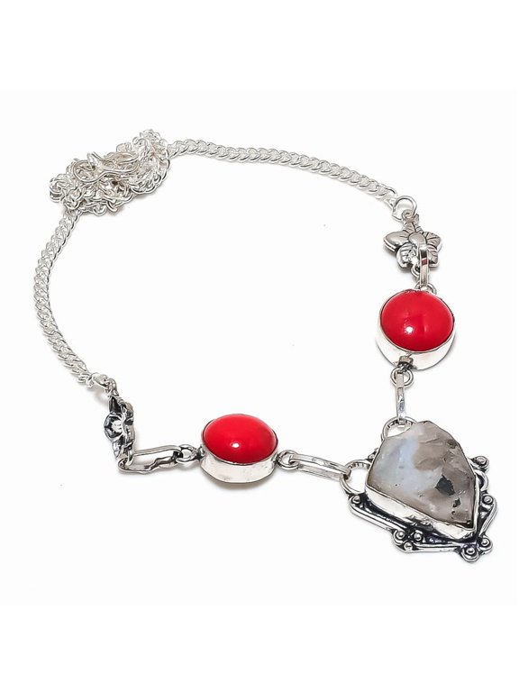 Natural Moonstone Rough, Coral 925 Sterling Silver Jewelry Necklace 18"