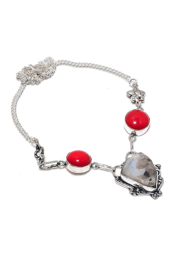Natural Moonstone Rough, Coral 925 Sterling Silver Jewelry Necklace 18"