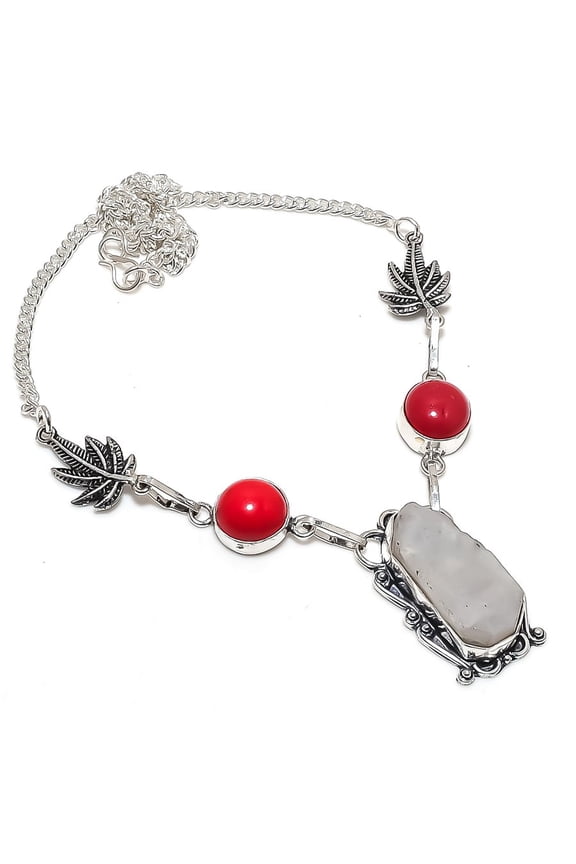 Natural Moonstone Rough, Coral 925 Sterling Silver Jewelry Necklace 18"