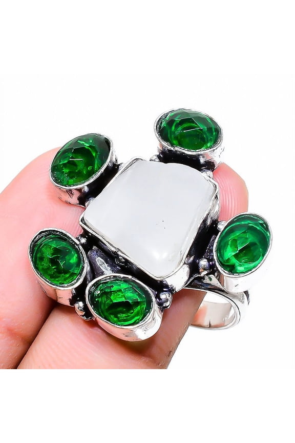 Natural Moonstone Rough, Diopside Gemstone 925 Sterling Silver Ring Size 9