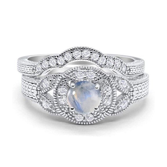 Natural Moonstone Size-10 Two Piece Art Deco Round Leaf Style Beaded Curved Band CZ Wedding Set Engagement Ring 925 Sterling Silver Gifts For Her