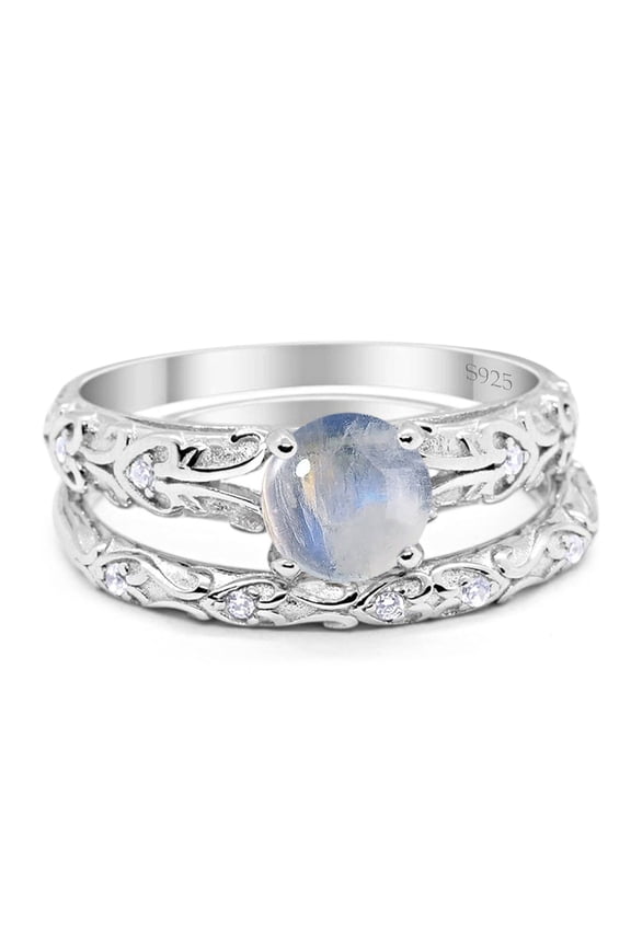 Natural Moonstone Size-10 Two Piece Round Filigree Vintage Style CZ Wedding Set Bridal Engagement Ring 925 Sterling Silver Gifts For Her
