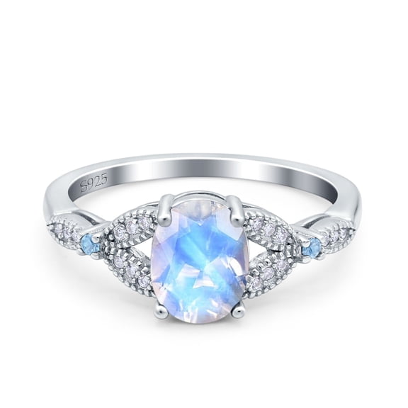 Natural Moonstone Size-5 Art Deco Oval Vintage Style Split Shank Leaf Design Beaded Aquamarine CZ Wedding Engagement Ring 925 Sterling Silver