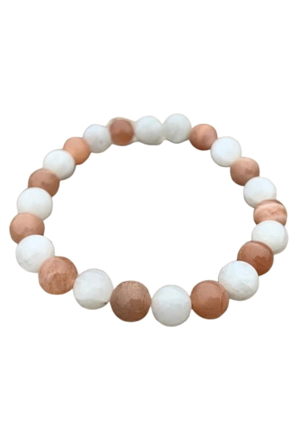 Natural Moonstone & Sunstone 8mm Round Shape Smooth Cut Beads Stretchable Bracelet For Men & Women. Unisex Bracelet