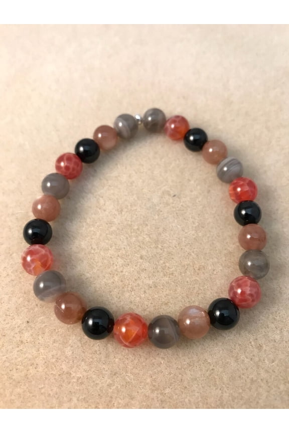 Natural Moonstone, Tourmaline, Sunstone & Fire Agate 8mm Round Shape Smooth Cut Beads Stretchable Bracelet for Men & Women.