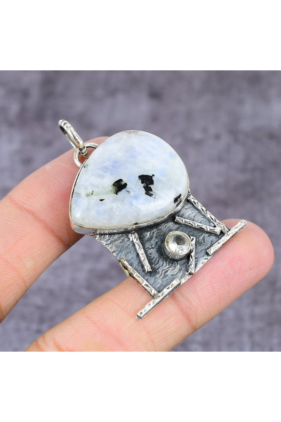 Natural Moonstone, White Topaz Gemstone 925 Sterling Silver Pendant 2.36"