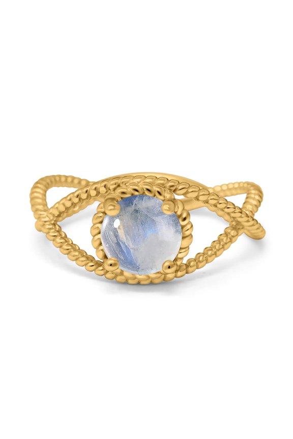 Natural Moonstone Yellow Tone Silver Size-7 Minimalist Round Solitaire Beaded Ring Twisted Rope Design Wedding Engagement Rings For Women 925 Sterling Silver Gifts For Her