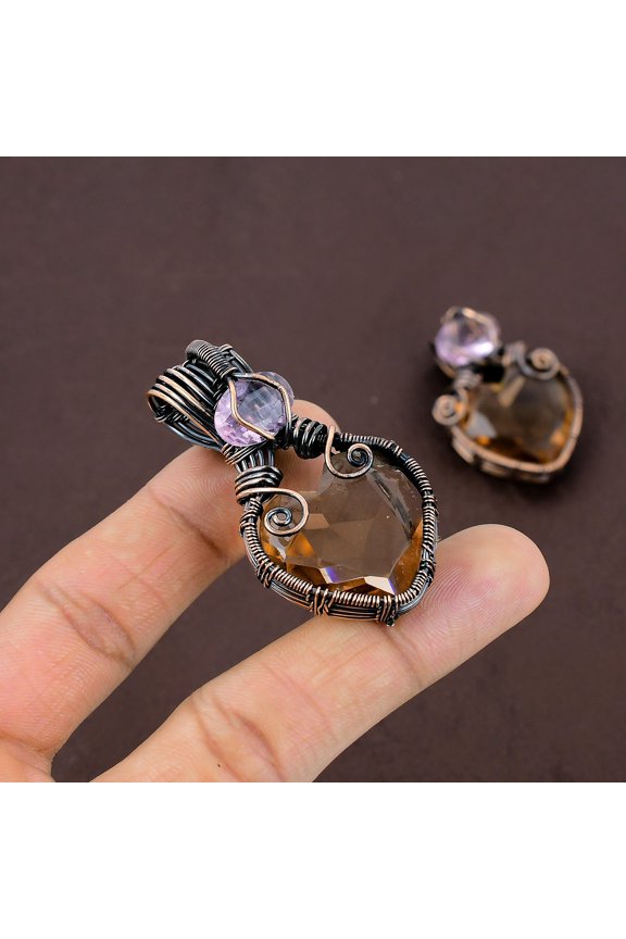 Natural Morganite, Kunzite Gemstone Copper Wire Wrap Gift Pendant 2.2"