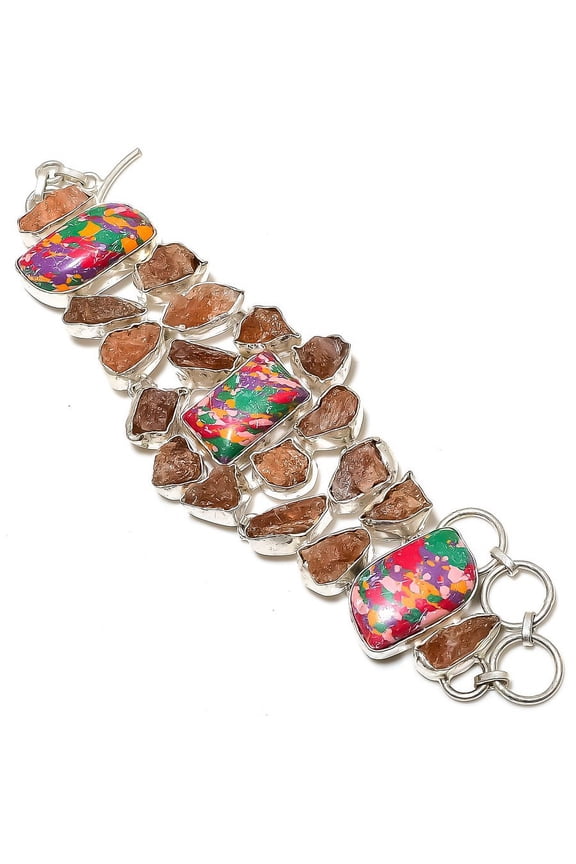 Natural Mosaic Jasper, Sunstone Rough 925 Sterling Silver Bracelet 7-8"