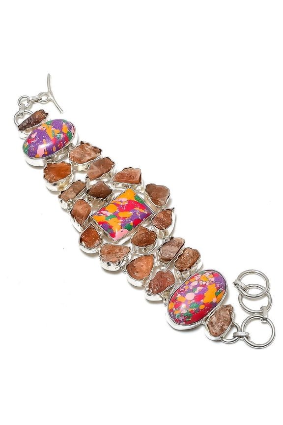Natural Mosaic Jasper, Sunstone Rough 925 Sterling Silver Bracelet 7-8"