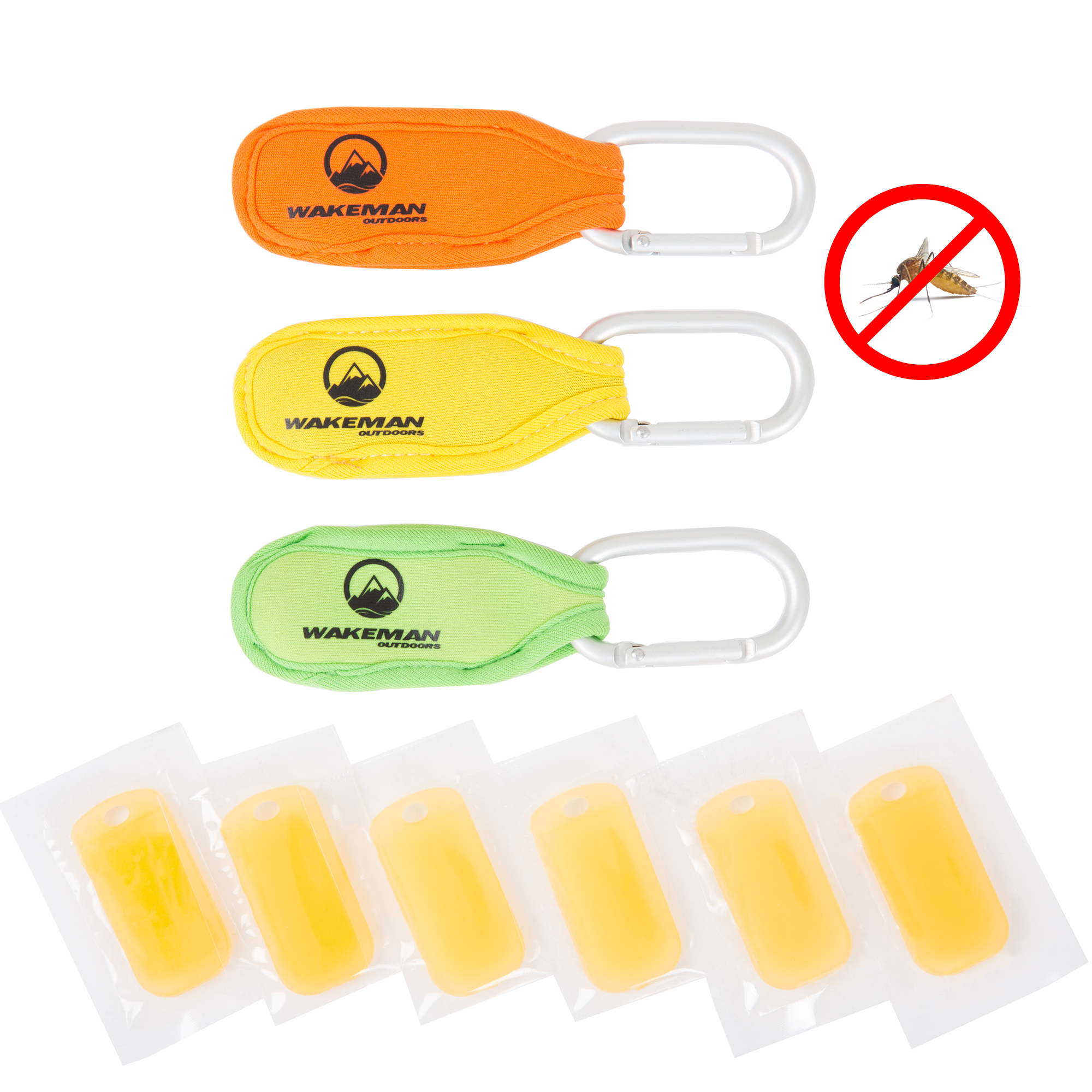 Natural Mosquito Repellent Neoprene Belt Clips - Safe, DEET Free Insect Protection, 3 Pack with 6 Refills By Wakeman Outdoors (Green, Orange, Yellow)