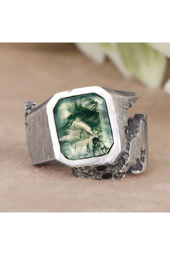 Natural Moss Agate 925 Sterling Silver Mens Broken Ring Gift For Him