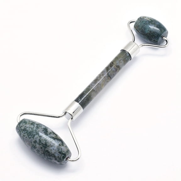 Natural Moss Agate Brass Face Massager Facial Rollers Platinum Platinum 142~150x54~58x19~22mm