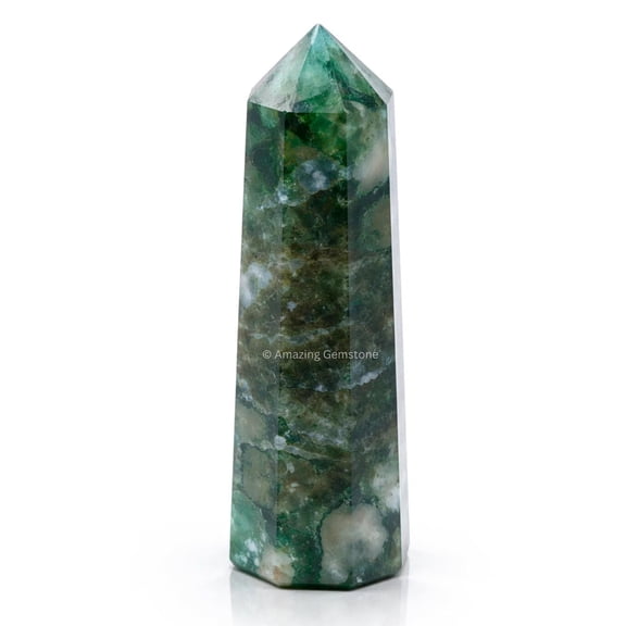 Natural Moss Agate Crystal Tower Point, 34 Inch Polished Obelisk for Crystal Grids and Decor