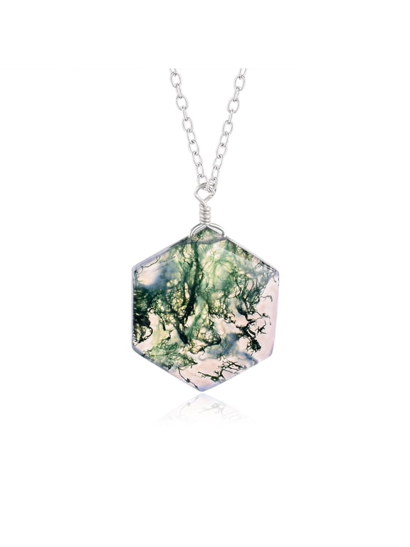 Natural Moss Agate Crystals Pendant Necklace, Hexagon Cabochon Gemstone, Energy Healing Crystals, Birthday, Gift for Her, Gemstone Jewelry 18 inch AAA+ Quality (Moss Agate A)