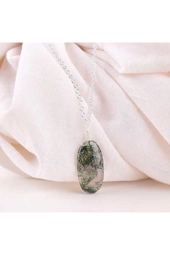 Natural Moss Agate Crystals Pendant Necklace, Hexagon Cabochon Gemstone, Energy Healing Crystals, Birthday, Gift for Her, Gemstone Jewelry 18 inch AAA+