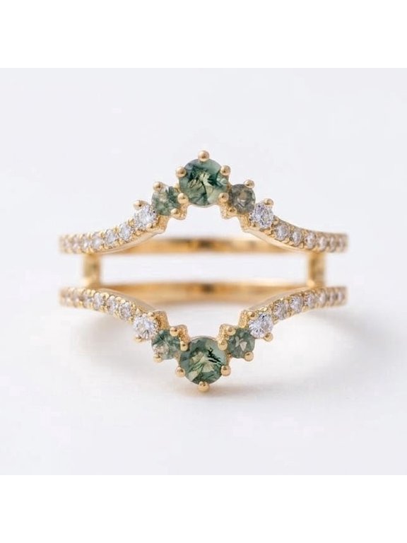 Natural Moss Agate Double Curved Band Enhancer Ring, Matching Band Ring, Dainty Wrap Ring, Minimalist Diamond Wedding Ring, Christmas Gift for Her