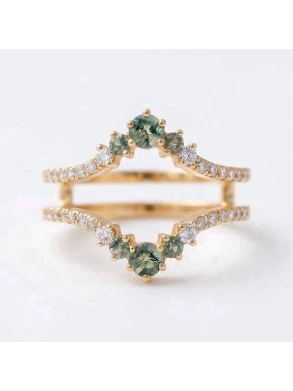 Natural Moss Agate Double Curved Band Enhancer Ring, Matching Band Ring, Dainty Wrap Ring, Minimalist Diamond Wedding Ring, Christmas Gift for Her