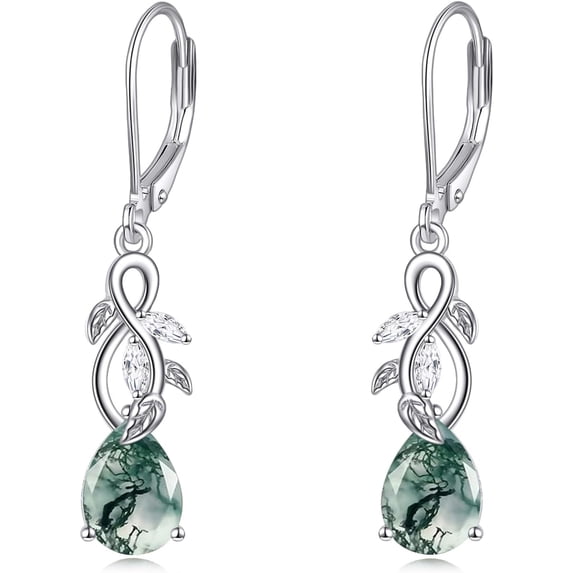Natural Moss Agate Earrings Dangle 925 Sterling Silver Infinity Leaf Moss Agate Teardrop Leverback Earrings Green Gem Jewelry Gift for Women Female