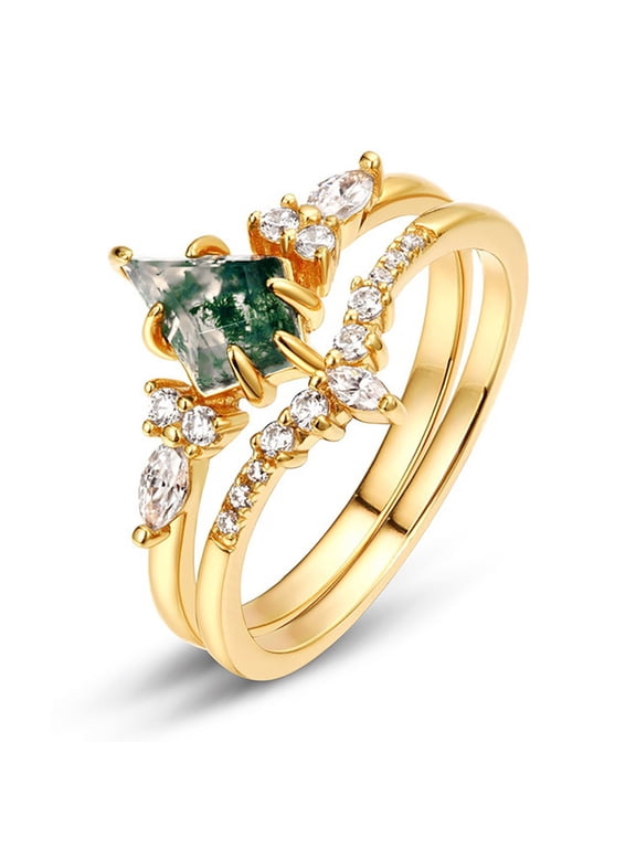 Natural Moss Agate Gemstone Genuine 925 Sterling Silver Ring for Women Kite Cut Women's Ring Set for Engagement Silver 925 Jewelry