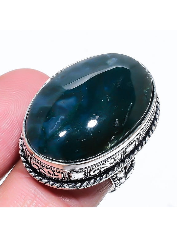 Natural Moss Agate Gemstone Handmade 925 Sterling Silver Ring Size 10