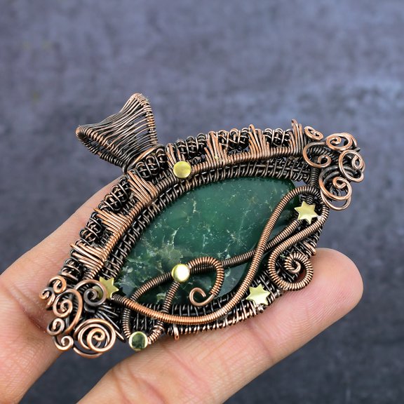 Natural Moss Agate Gemstone Handmade Copper Eire Wrap Jewelry Pendant 2.36"