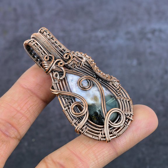 Natural Moss Agate Gemstone Handmade Copper Eire Wrap Jewelry Pendant 2.64"