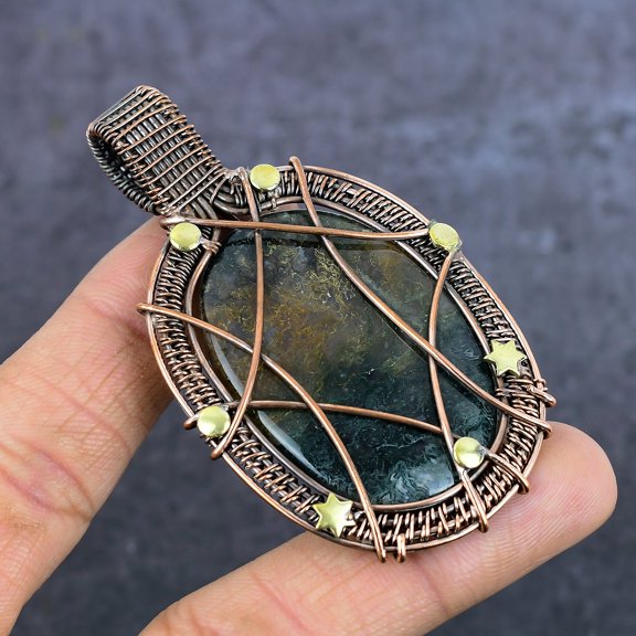 Natural Moss Agate Gemstone Handmade Copper Eire Wrap Jewelry Pendant 2.99"