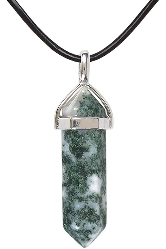 Natural Moss Agate Gemstone Hexagonal Pointed Reiki Chakra Pendant Genuine Leather Necklace 18 Inch