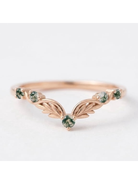 Natural Moss Agate Leaf Design Band Ring, Nature Inspired Chevron Ring, Anniversary Gift for Wife, June Birthstone Curved Band Ring, Handmade Jewelry
