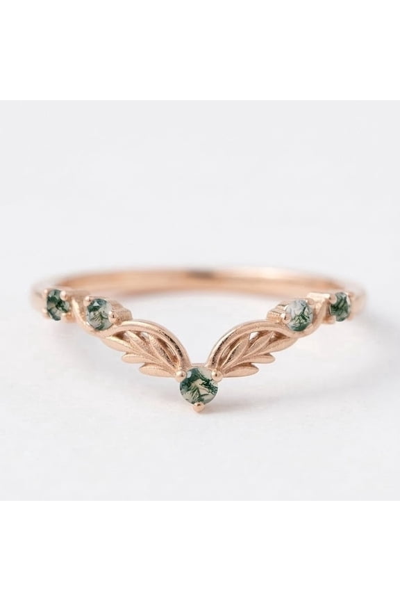 Natural Moss Agate Leaf Design Band Ring, Nature Inspired Chevron Ring, Anniversary Gift for Wife, June Birthstone Curved Band Ring, Handmade Jewelry