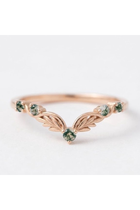 Natural Moss Agate Leaf Design Band Ring, Nature Inspired Chevron Ring, Anniversary Gift for Wife, June Birthstone Curved Band Ring, Handmade Jewelry