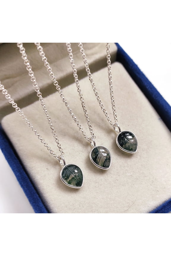 Natural Moss Agate Leaf Pendant Necklace Healing Green Gemstone 925 Sterling Silver Gift for Women