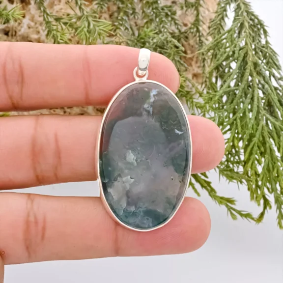 Natural Moss Agate Oval Gemstone Sterling Silver Handmade Women Pendant Necklace