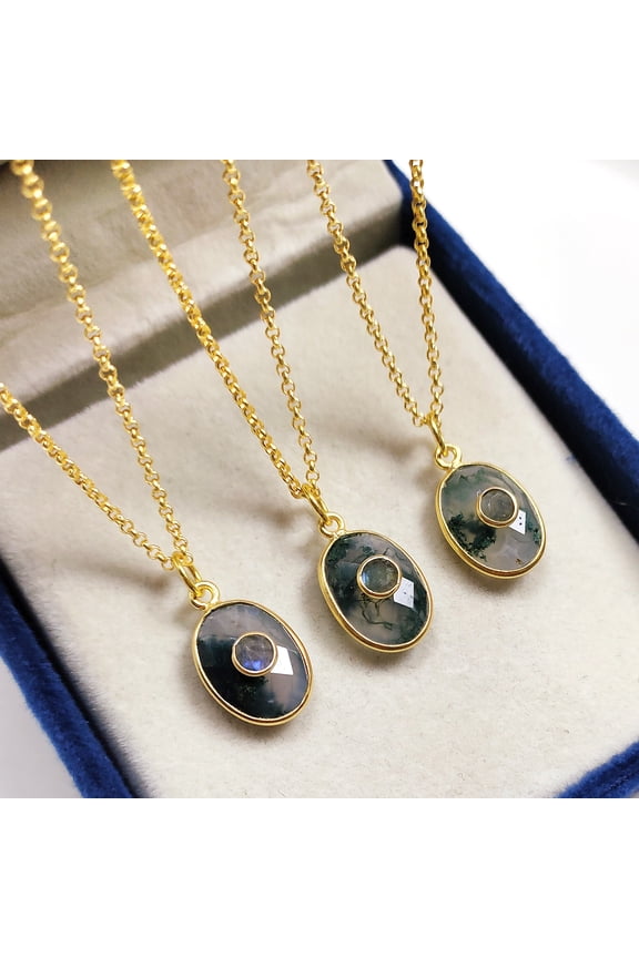 Natural Moss Agate Oval Necklace, Labradorite & Agate Double Stone Pendant, Bezel Set Necklace, Healing Crystal Jewelry Gift for Her