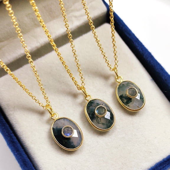 Natural Moss Agate Oval Necklace, Labradorite & Agate Double Stone Pendant, Bezel Set Necklace, Healing Crystal Jewelry Gift for Her