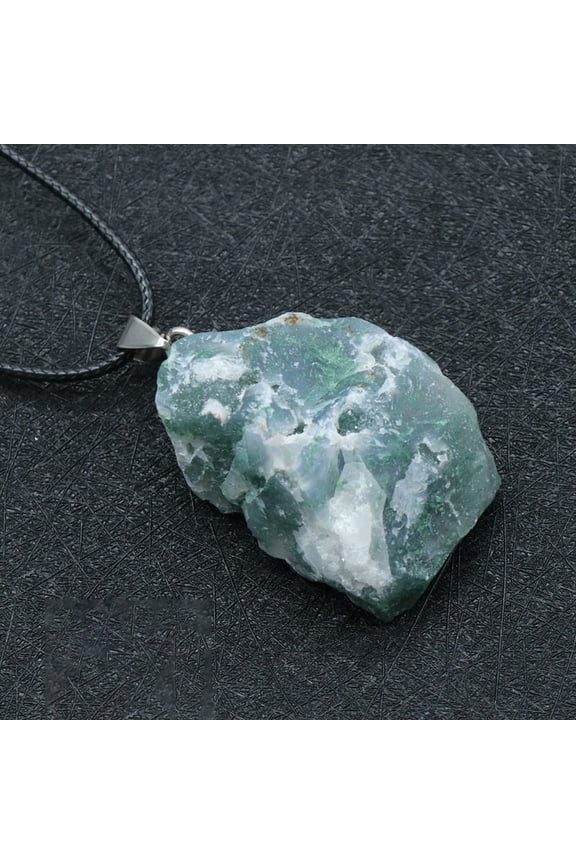 Natural Moss Agate Raw Rough Nuggets Pendant Necklace Black Leather Cord Necklaces for Women 17.72 inch(45cm)