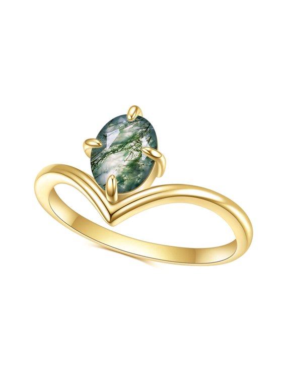 Natural Moss Agate Ring, 18K Gold over Silver Curved Ring for Women