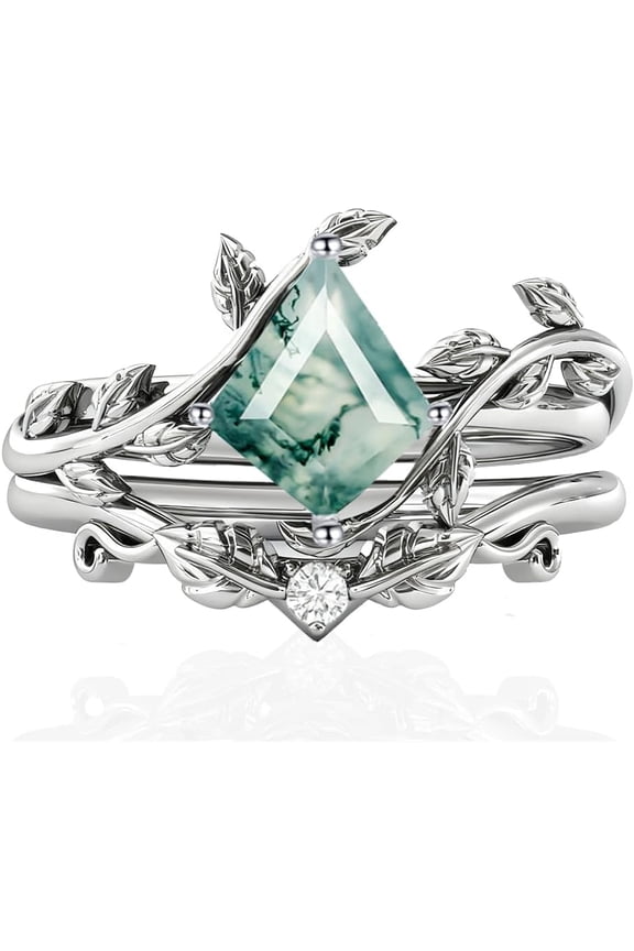 Natural Moss Agate Ring 925 Sterling Silver Kite Cut Moss Agate Ring Set Promise Ring Engagement Wedding Jewelry Gifts for Women #9.5