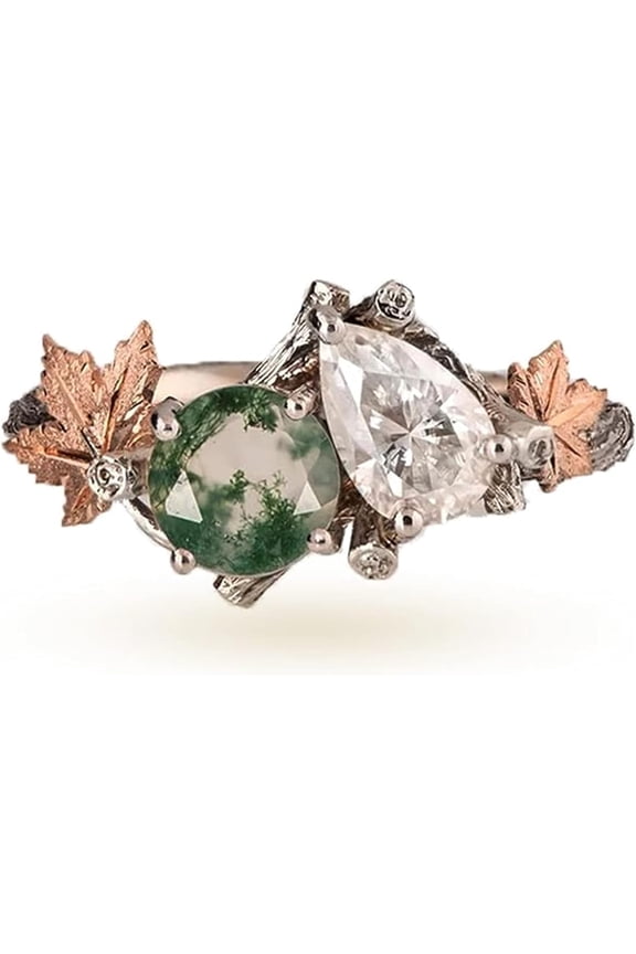 Natural Moss Agate Ring for Women 925 Sterling Silver Green Agate Promise Ring with Vine Leaf Engagement Wedding Jewelry Gift for Women Free Engraving-A999