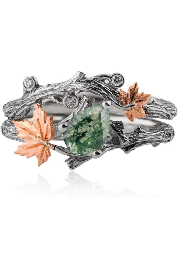 Natural Moss Agate Ring for Women 925 Sterling Silver Green Agate Promise Ring with Vine Leaf Engagement Wedding Jewelry Gift for Women Free Engraving-C7.5