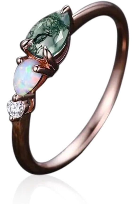 Natural Moss Agate Ring for Women 925 Sterling Silver White Opal Engagement Rings Green Promise Ring for Women Moss Agate Jewelry for Wedding/Anniversaries US 6