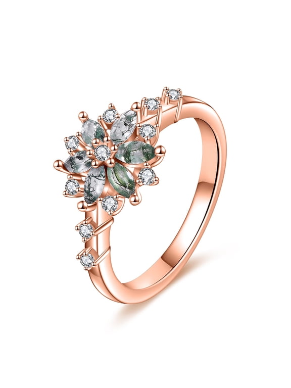 Natural Moss Agate Ring for Women 925 Sterling Silver Snowflake Ring Moss Agate Jewelry Gift Engagement Rings (rose gold, 7)