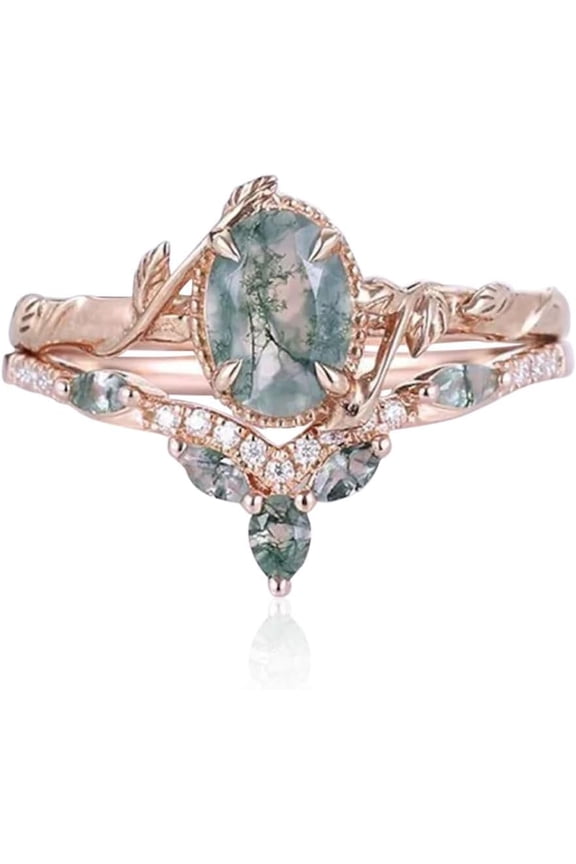 Natural Moss Agate Ring for Women - Sterling Silver Green Moss Agate Set Ring for Promise, Engagement or Anniversaries - US 7